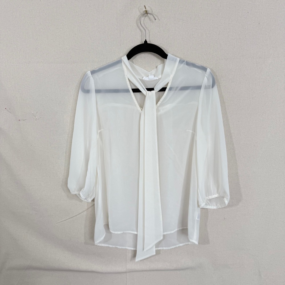 Essentials Forever 21 White Sheer Tie Neck Bow Blouse Large 3/4 Sleeve Top